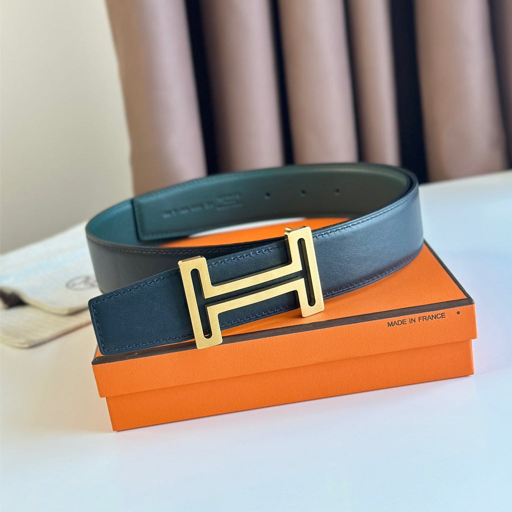 HERMES BELT BUCKLE & REVERSIBLE TEAL GREEN AND BLACK LEATHER STRAP 38MM GOLD HARDWARE