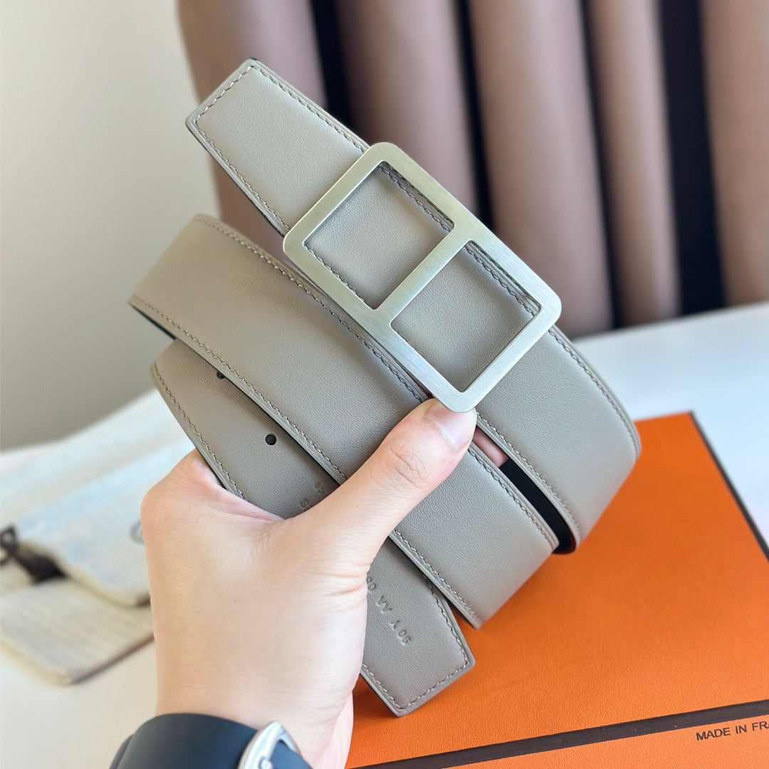 HERMES BELT BUCKLE & REVERSIBLE GREY PASTEL AND BLACK LEATHER STRAP 38MM SILVER HARDWARE