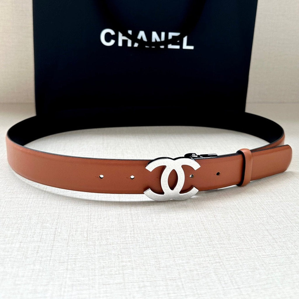 CHANEL 30MM BELT IN BRONZE BROWN AND BLACK CALFSKIN WITH SILVER HARDWARE