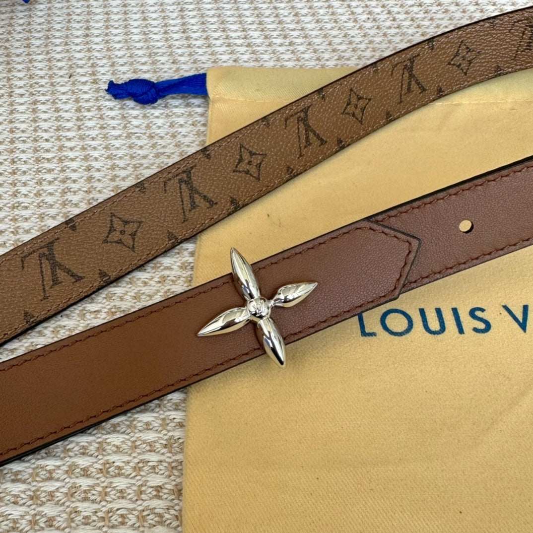 LOUIS VUITTON LV FLOWERGRAM 25 MM REVERSIBLE BELT IN BROWN MONOGRAM CALFSKIN SILVER HARDWARE