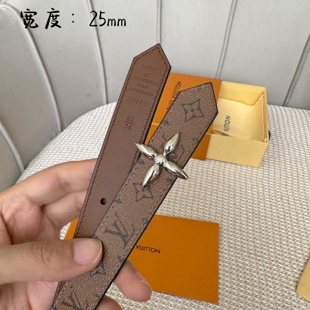 LOUIS VUITTON LV FLOWERGRAM 25 MM REVERSIBLE BELT IN BROWN MONOGRAM CALFSKIN SILVER HARDWARE