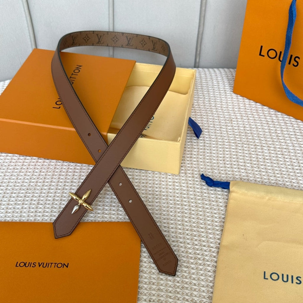 LOUIS VUITTON LV FLOWERGRAM 25 MM REVERSIBLE BELT IN BROWN MONOGRAM CALFSKIN GOLD MIX SILVER HARDWARE