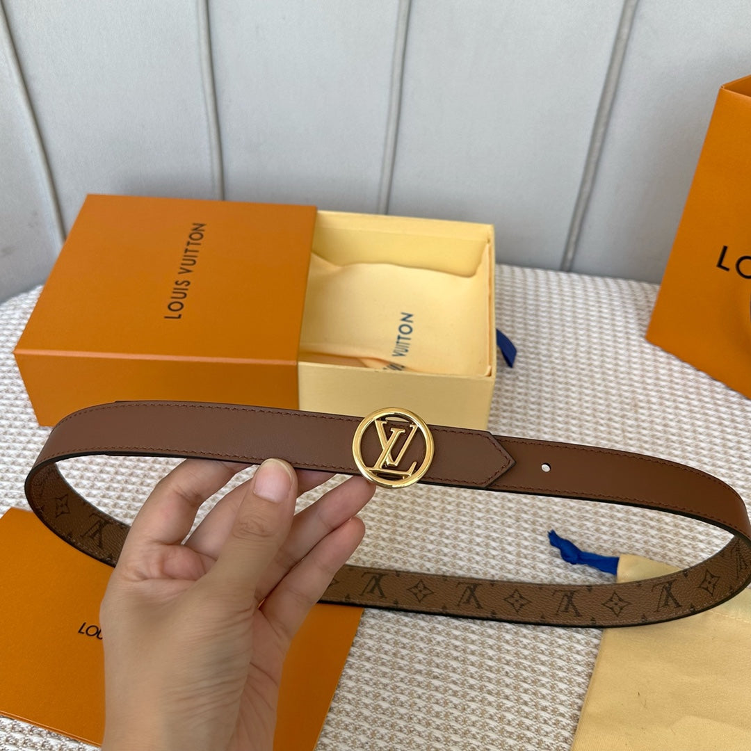 LOUIS VUITTON LV CIRCLE 25MM REVERSIBLE BELT MEDIUM BROWN MONOGRAM CALFSKIN GOLD HARDWARE