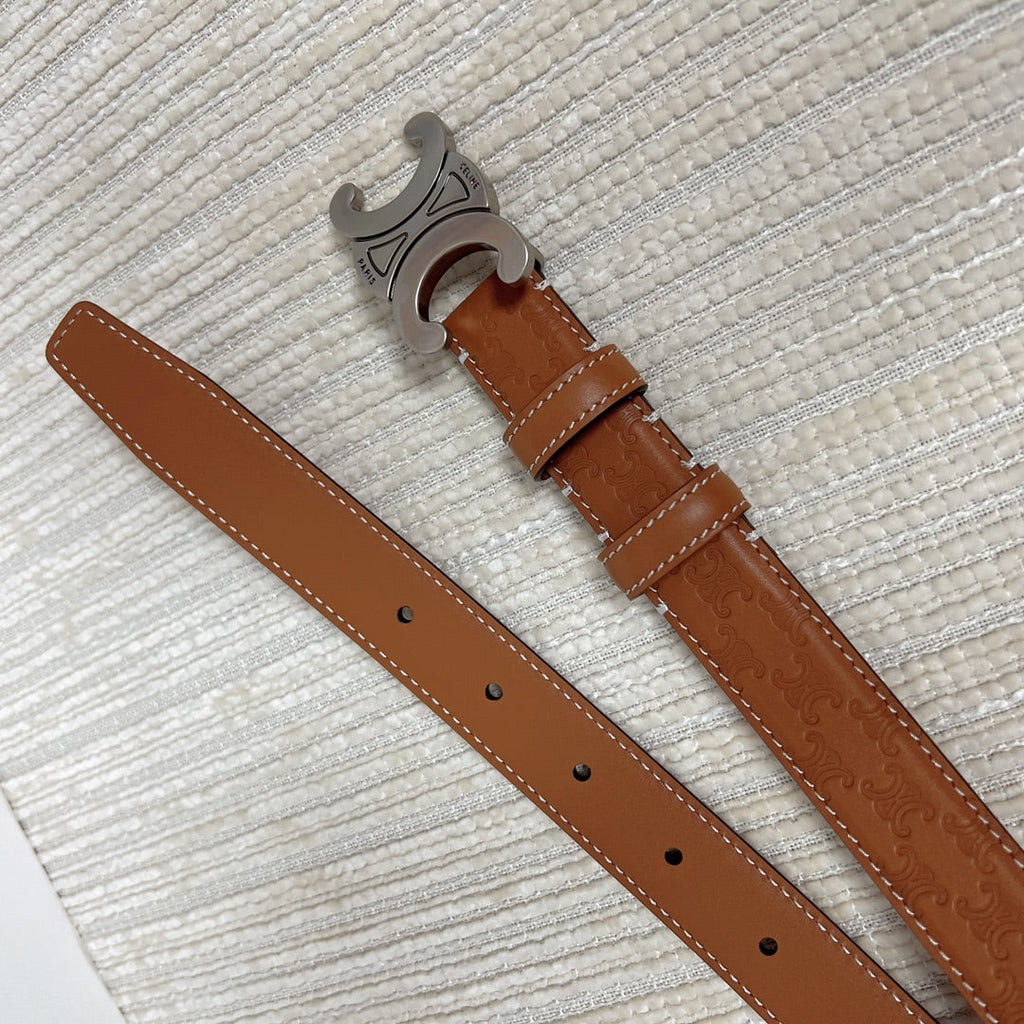CELINE Medium Triomphe Belt 25mm Tan Calfskin White Line Finishing Silver Finishing