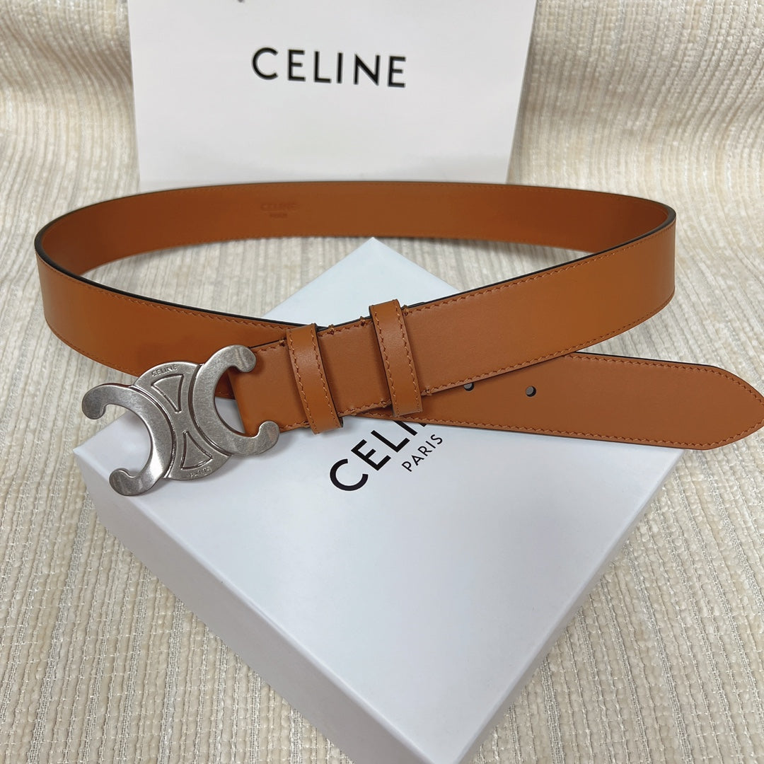 CELINE Medium Triomphe Belt 25mm Tan Calfskin Silver Finishing