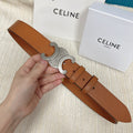 CELINE Medium Triomphe Belt 25mm Tan Calfskin Silver Finishing