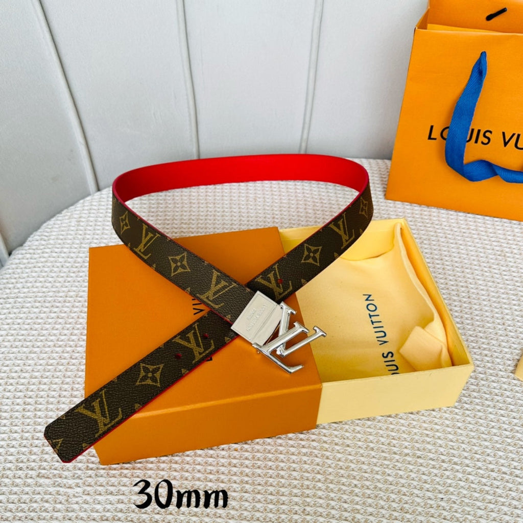 LOUIS VUITTON LV Initiales 30mm Reversible Belt Silver Rotating Buckle Red Brown Leather
