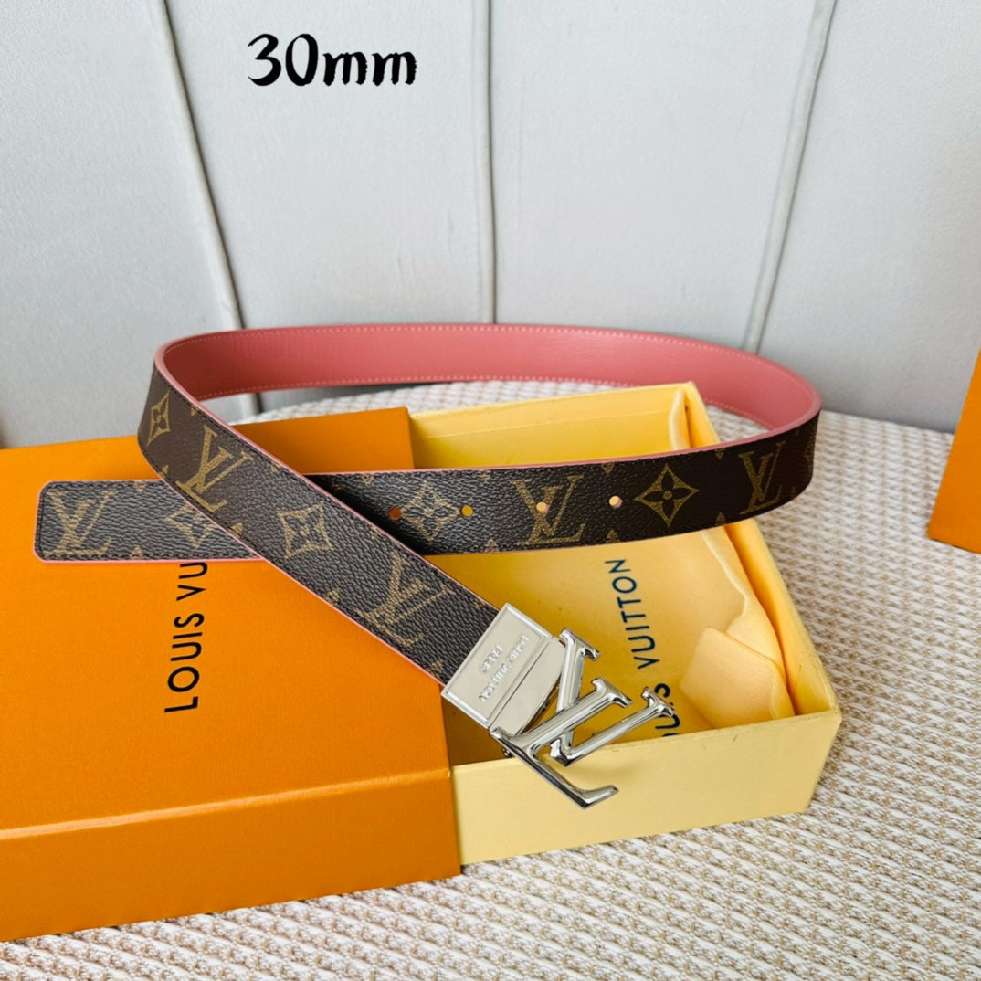LOUIS VUITTON LV Initiales 30mm Reversible Belt Silver Rotating Buckle Pink Brown Leather
