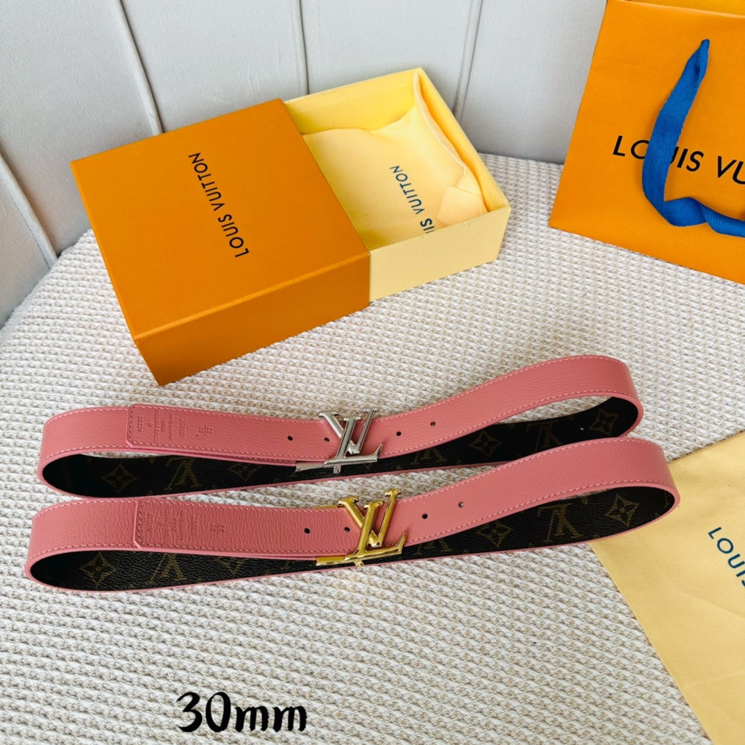 LOUIS VUITTON LV Initiales 30mm Reversible Belt Gold Rotating Buckle Pink Brown Leather
