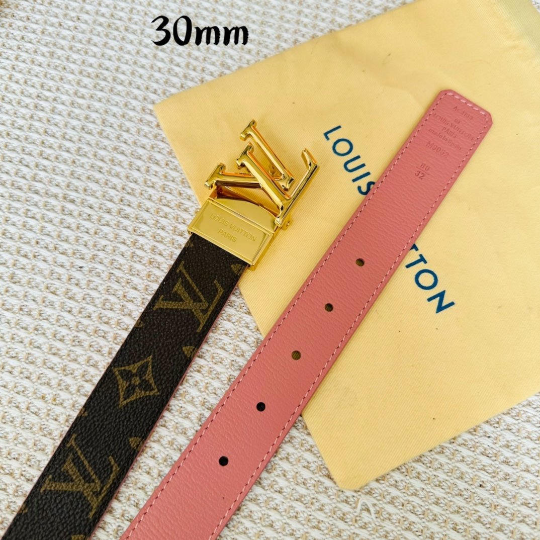 LOUIS VUITTON LV Initiales 30mm Reversible Belt Gold Rotating Buckle Pink Brown Leather