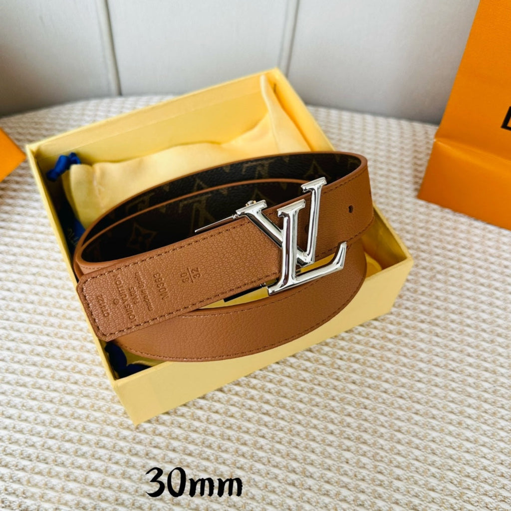 LOUIS VUITTON LV Initiales 30mm Reversible Belt Silver Rotating Buckle Tan Brown Leather