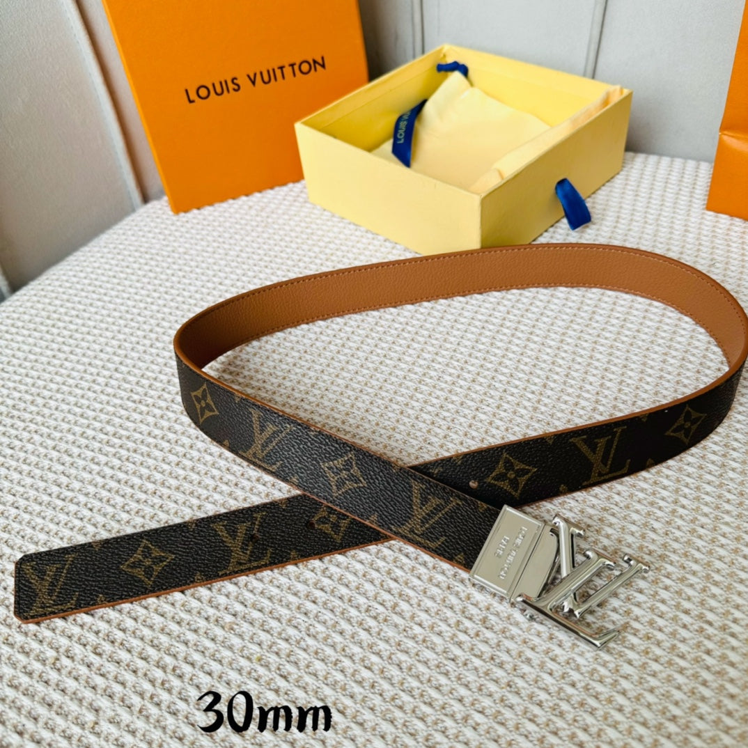 LOUIS VUITTON LV Initiales 30mm Reversible Belt Silver Rotating Buckle Tan Brown Leather