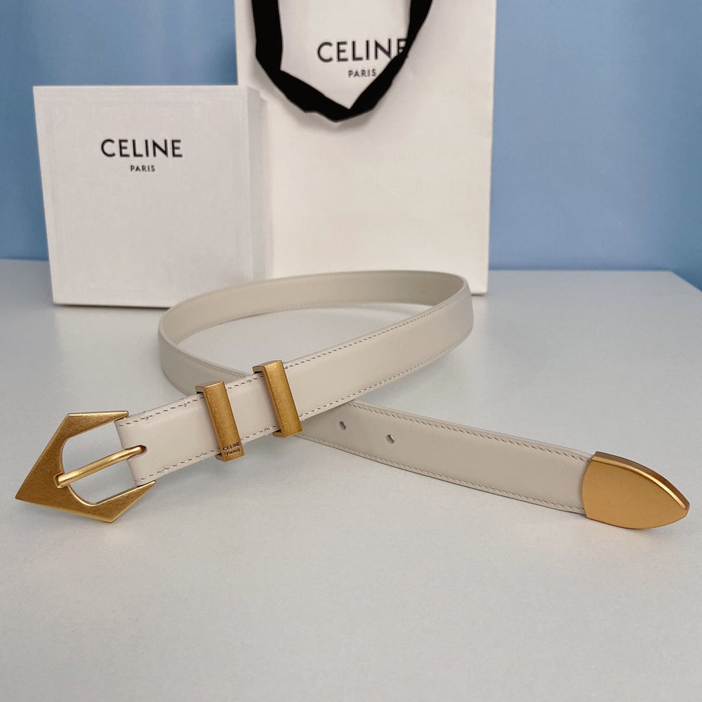 CELINE Medium Spike Belt 25mm White Calfskin Loop Gold Gold Finishing