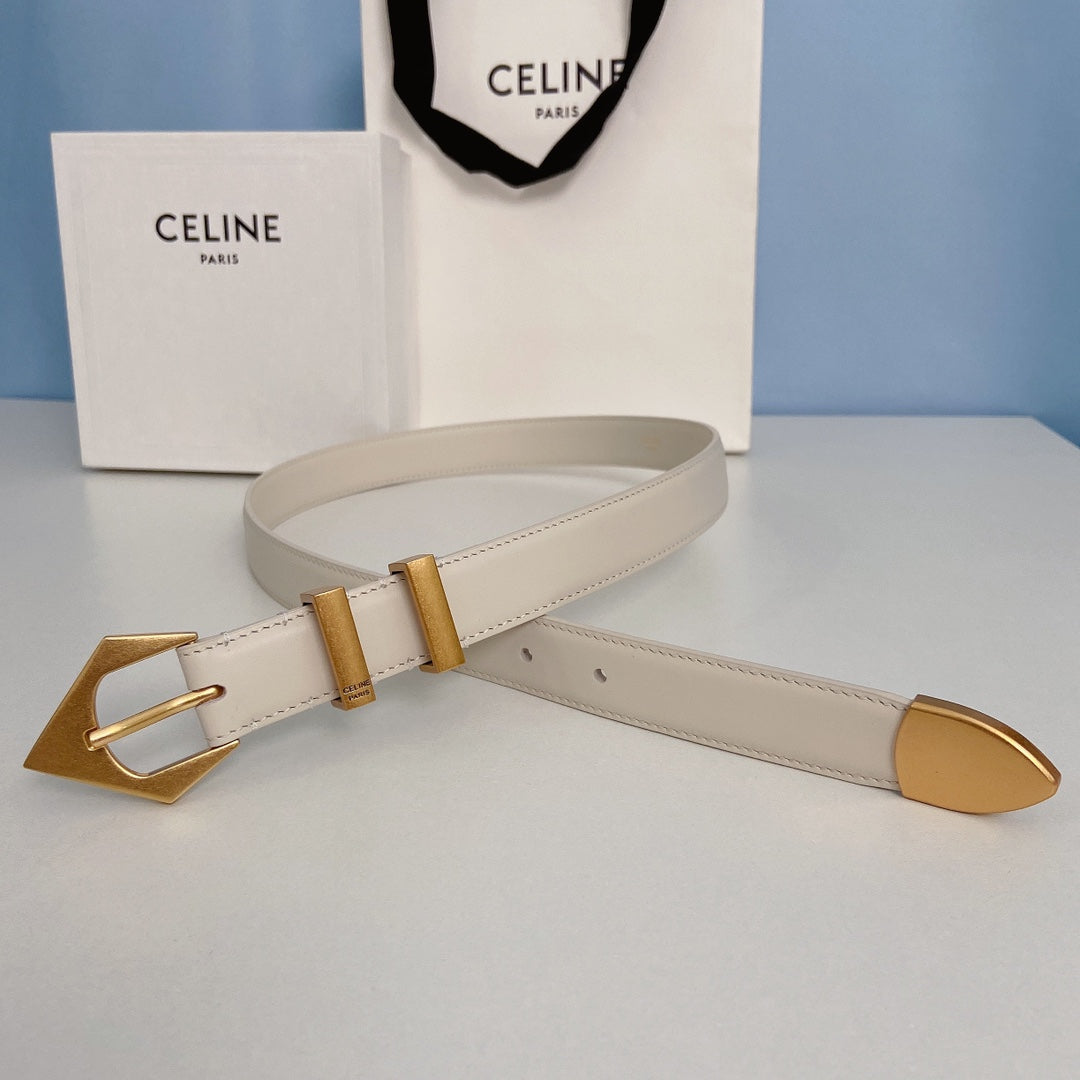 CELINE Medium Spike Belt 25mm White Calfskin Loop Gold Gold Finishing