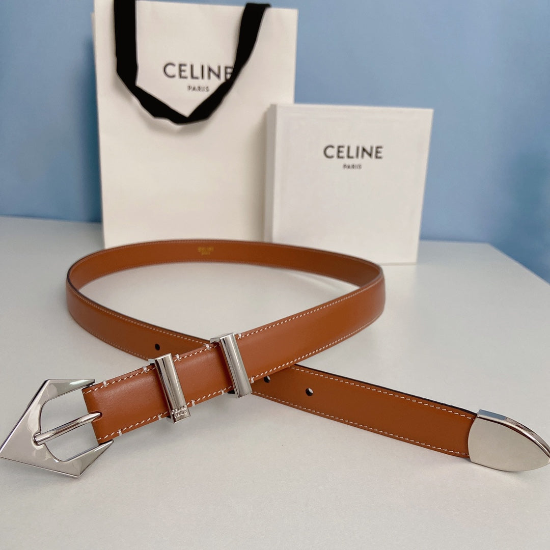 CELINE Medium Spike Belt 25mm Tan Calfskin Loop Silver Shw