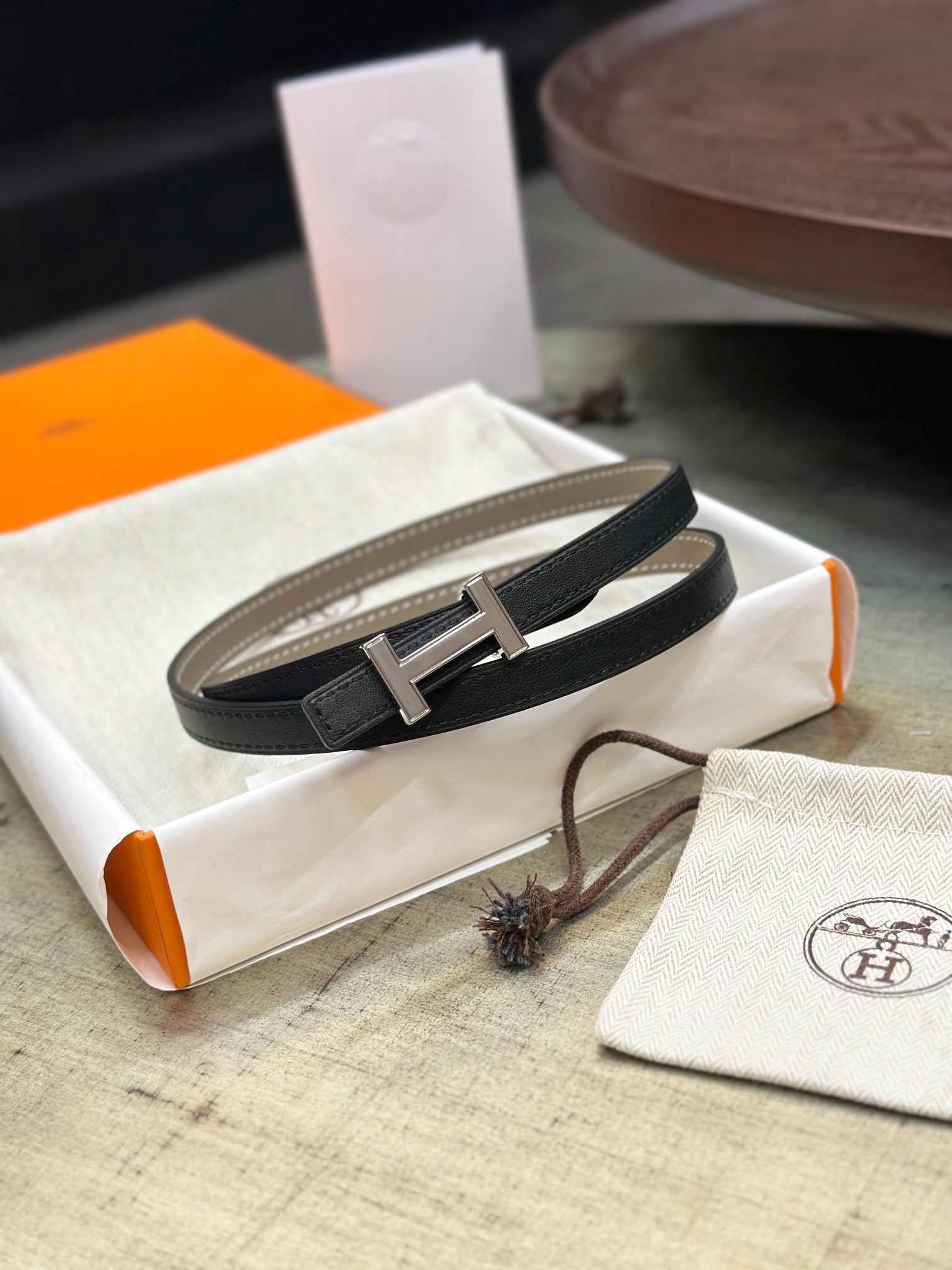HERMES FOCUS BUCKLE & REVERSIBLE KHAKI BROWN AND BLACK LEATHER STRAP 13MM SILVER HARDWARE