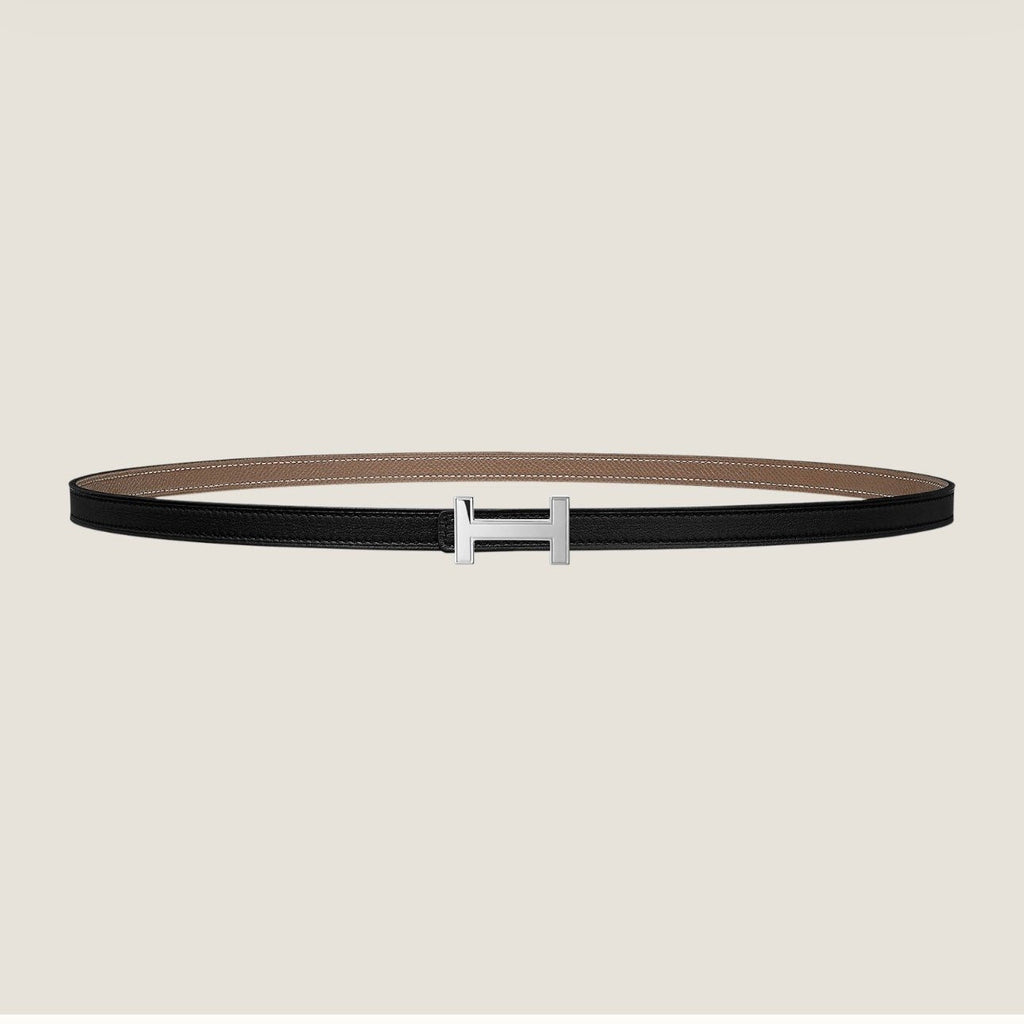 HERMES FOCUS BUCKLE & REVERSIBLE KHAKI BROWN AND BLACK LEATHER STRAP 13MM SILVER HARDWARE