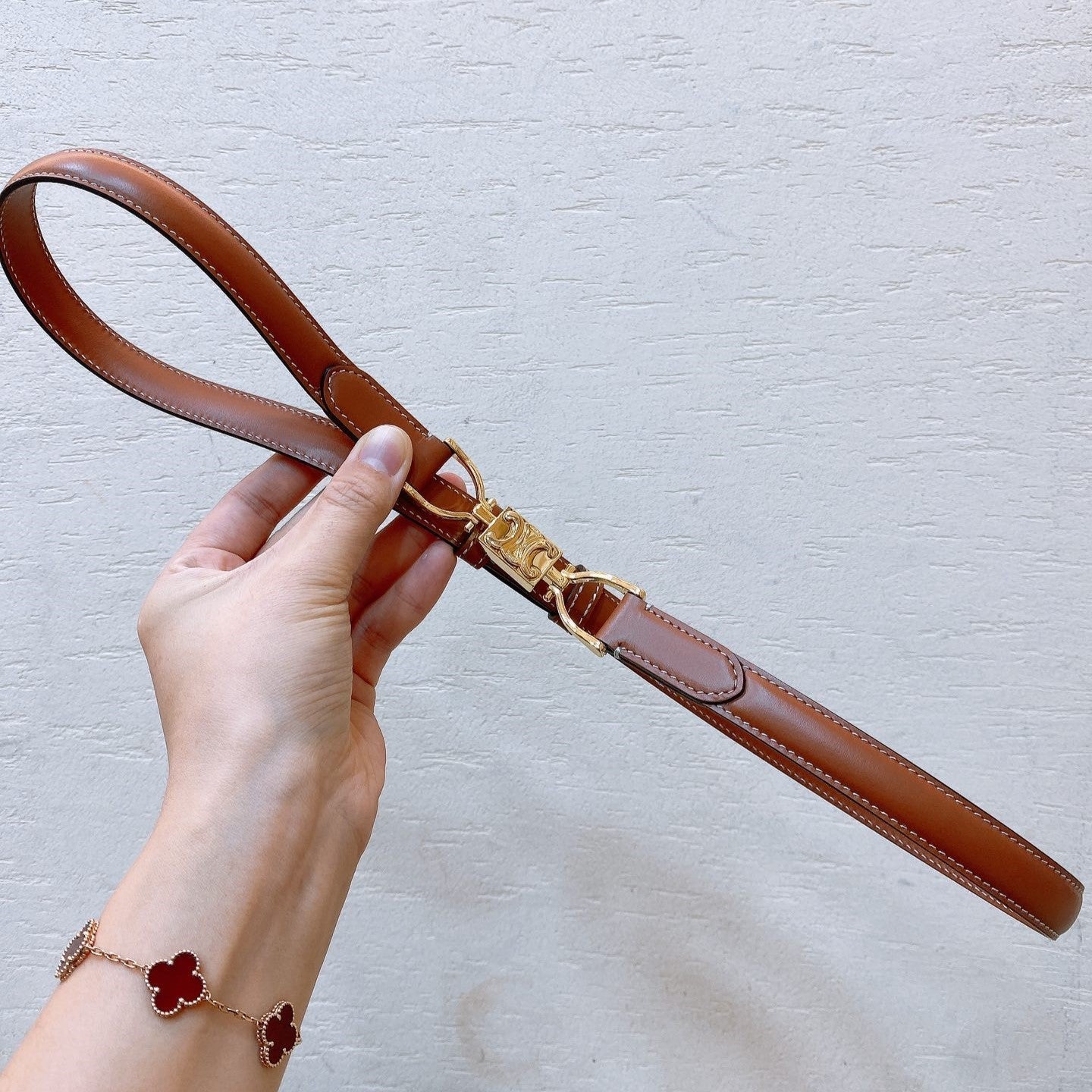 CELINE Hook & Loop 20mm TRIOMPHE Logo Square Adjustable Belt Tan Calfskin Ghw
