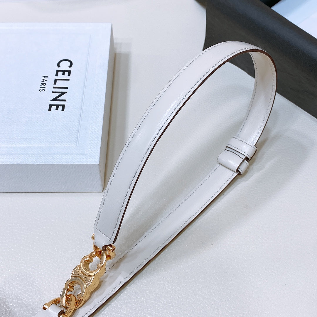 CELINE CL SMALL 18 MM GOURMETTE TRIOMPHE ADJUSTABLE BELT IN WHITE LEATHER GOLD HARDWARE