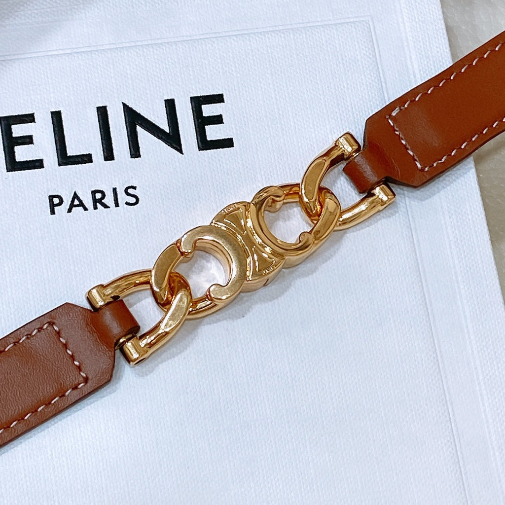 CELINE SMALL 18 MM GOURMETTE TRIOMPHE ADJUSTABLE BELT IN BRONZE BROWN LEATHER GOLD HARDWARE