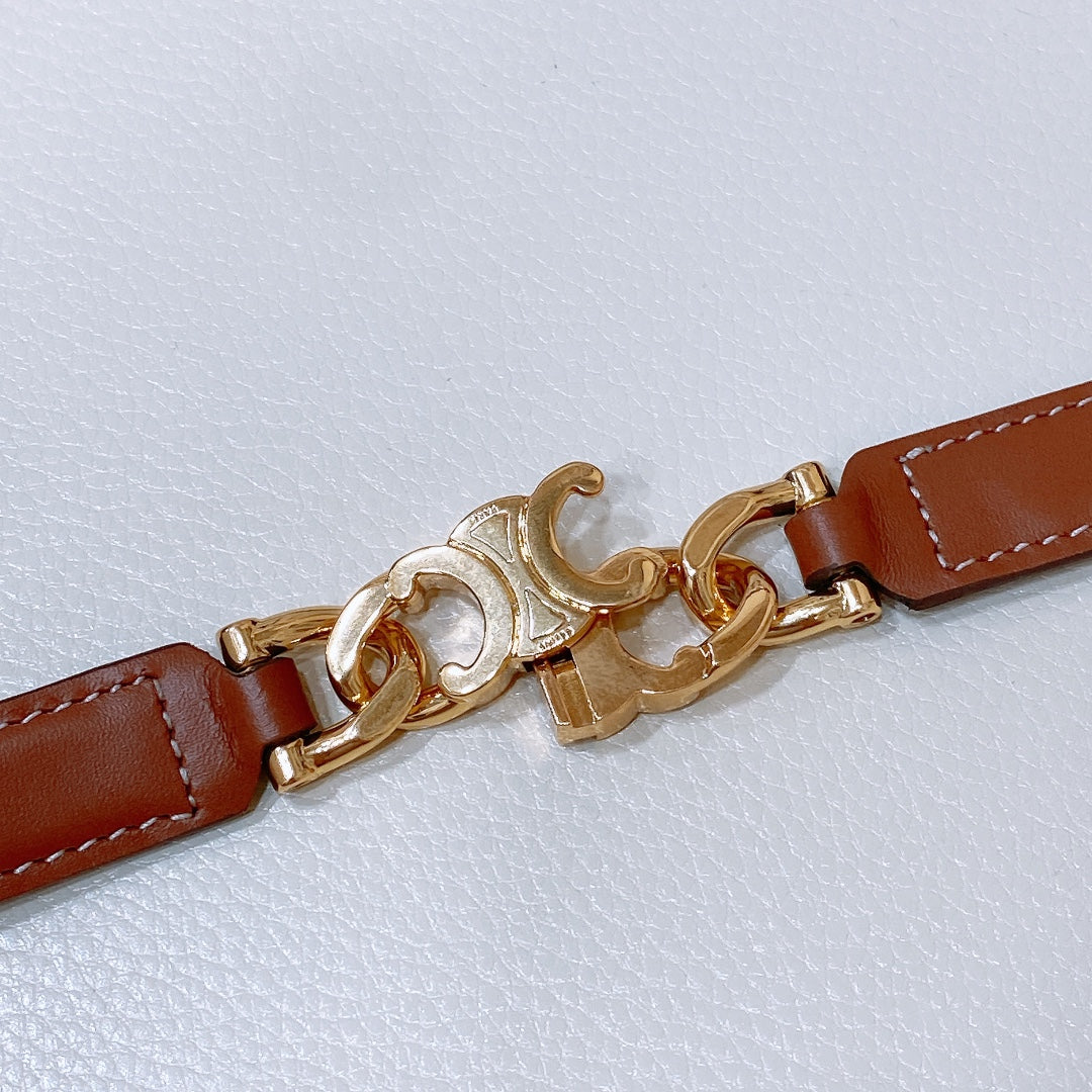 CELINE SMALL 18 MM GOURMETTE TRIOMPHE ADJUSTABLE BELT IN BRONZE BROWN LEATHER GOLD HARDWARE