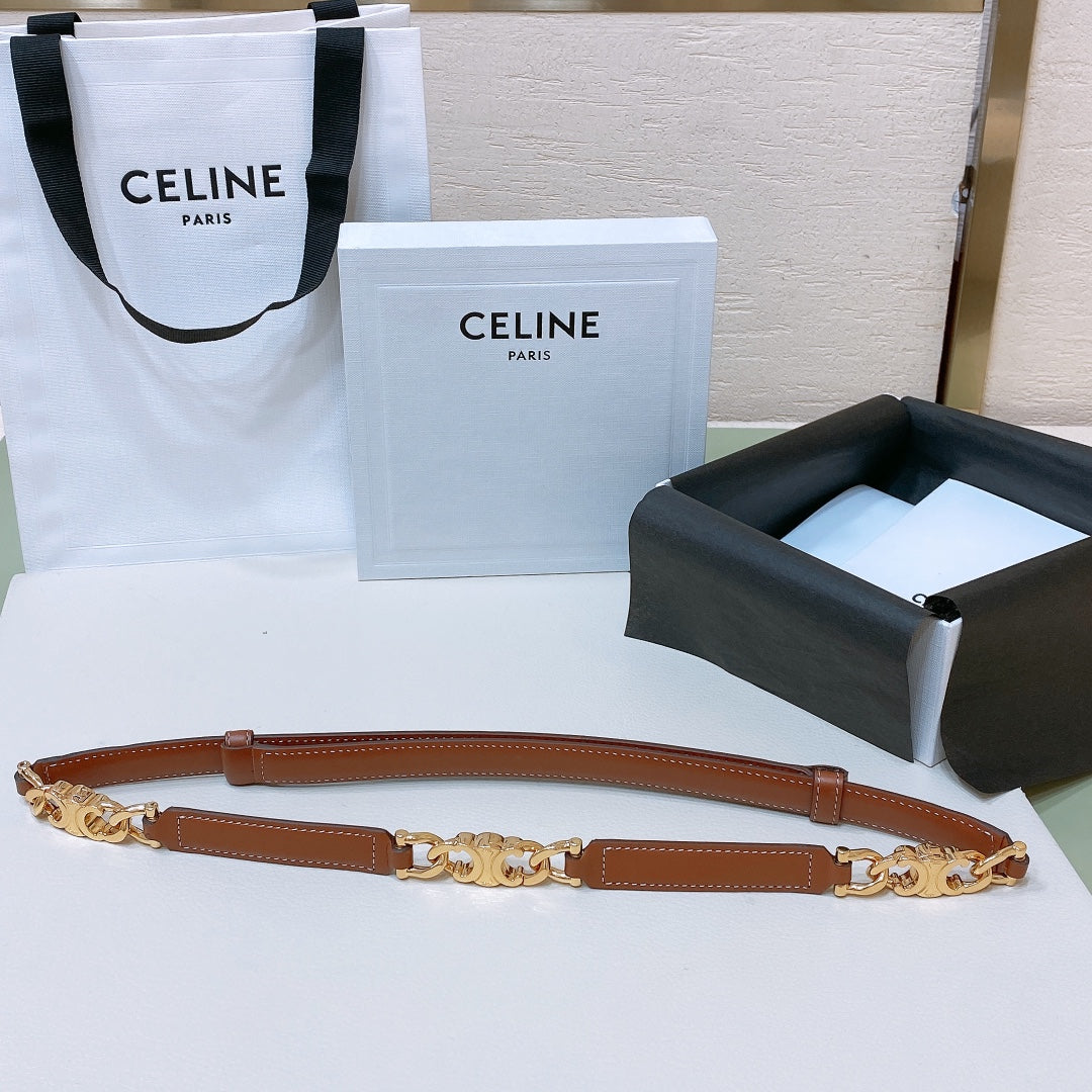 CELINE SMALL 18 MM GOURMETTE TRIOMPHE ADJUSTABLE BELT IN BRONZE BROWN LEATHER GOLD HARDWARE