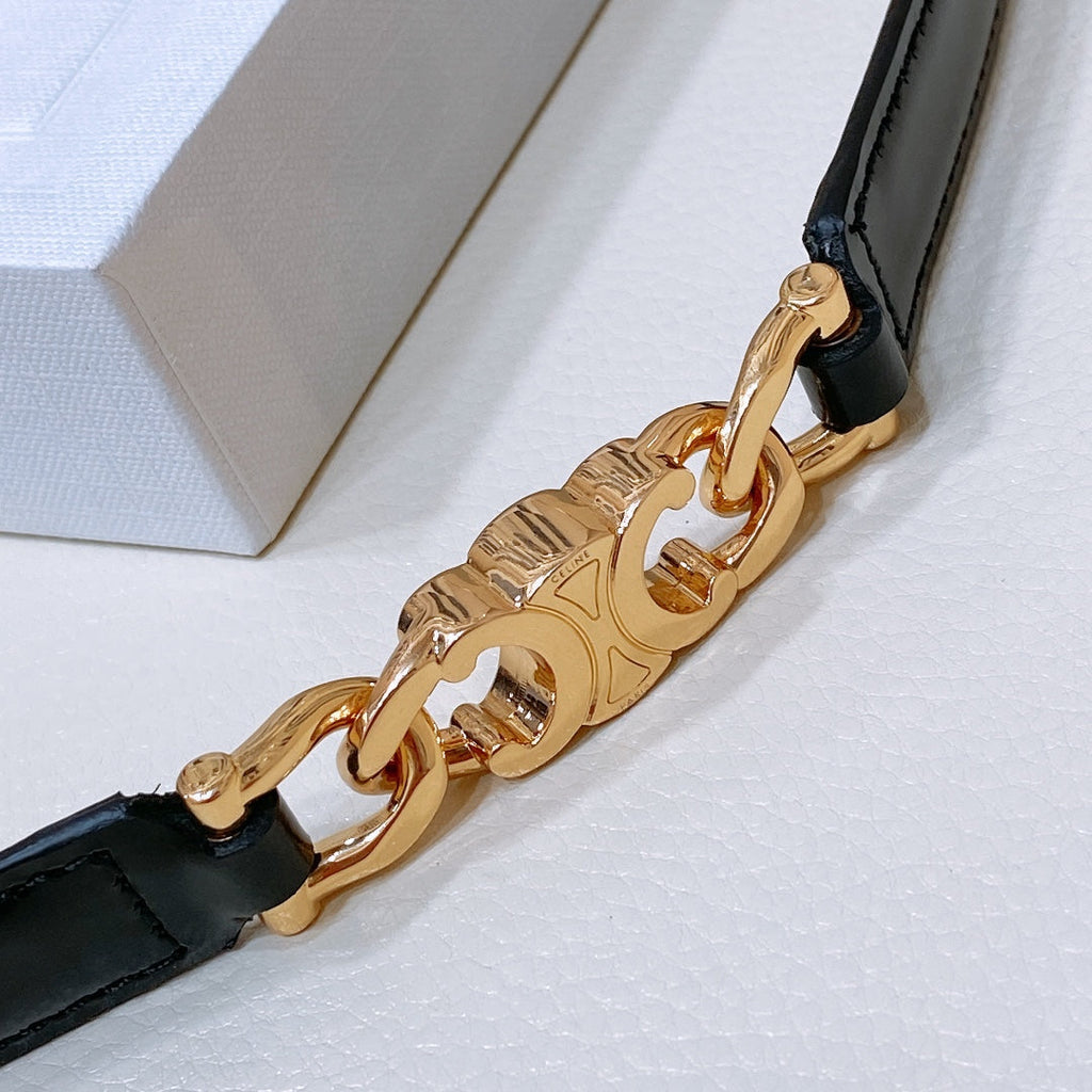 CELINE SMALL 18 MM GOURMETTE TRIOMPHE ADJUSTABLE BELT IN BLACK LEATHER GOLD HARDWARE