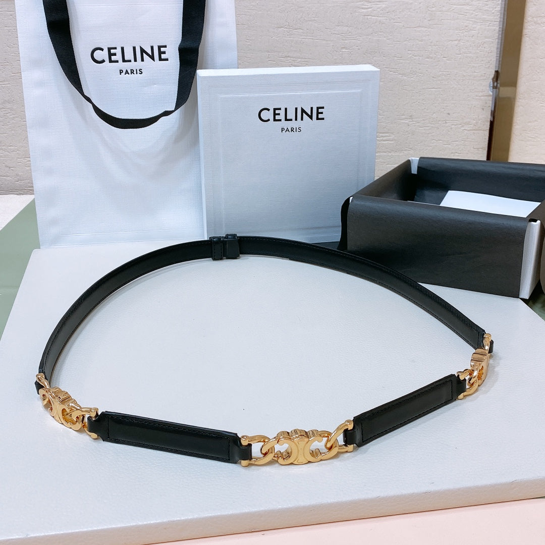 CELINE SMALL 18 MM GOURMETTE TRIOMPHE ADJUSTABLE BELT IN BLACK LEATHER GOLD HARDWARE