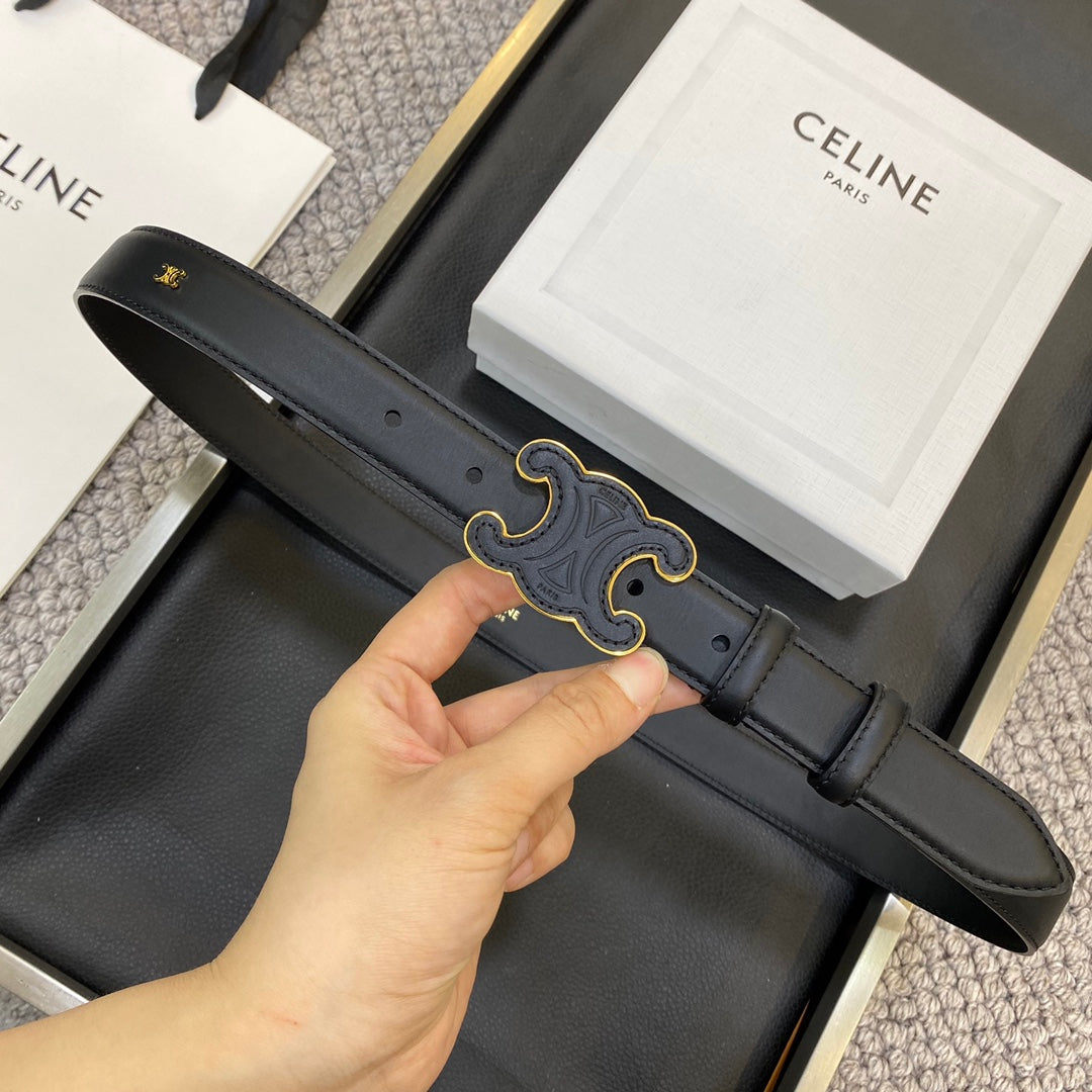 CELINE TRIOMPHE BELT 25MM IN BLACK CALFSKIN WITH LEATHER-COVERED BUCKLE