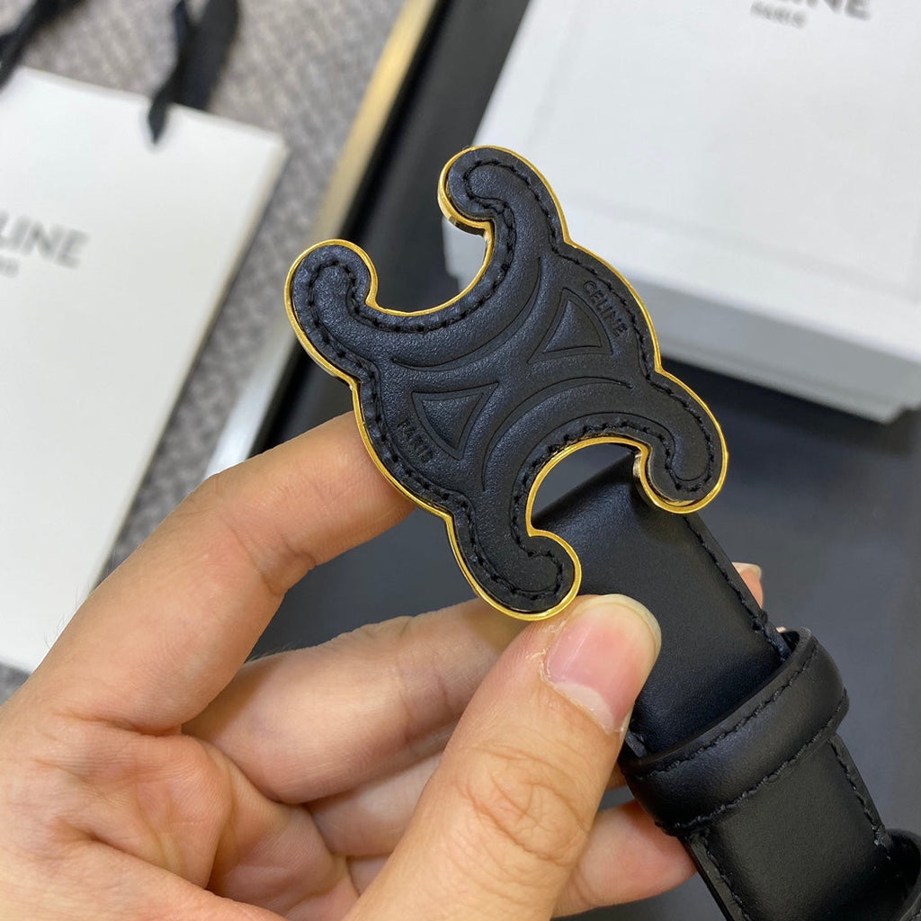 CELINE TRIOMPHE BELT 25MM IN BLACK CALFSKIN WITH LEATHER-COVERED BUCKLE
