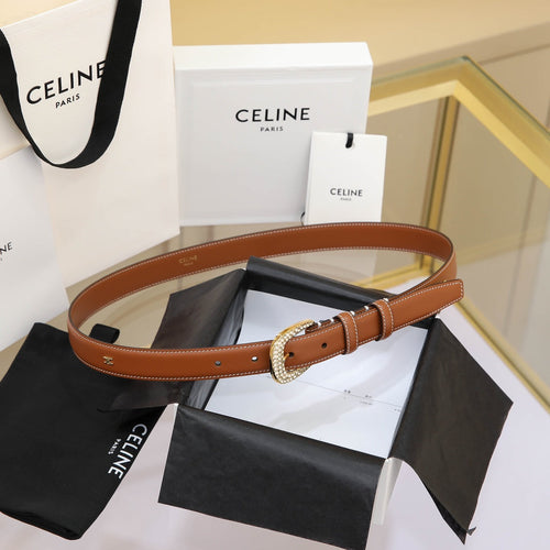 CELINE CL MEDIUM 25 MM MARCO BELT WITH STRASS IN BRONZE BROWN CALFSKIN GOLD HARDWARE