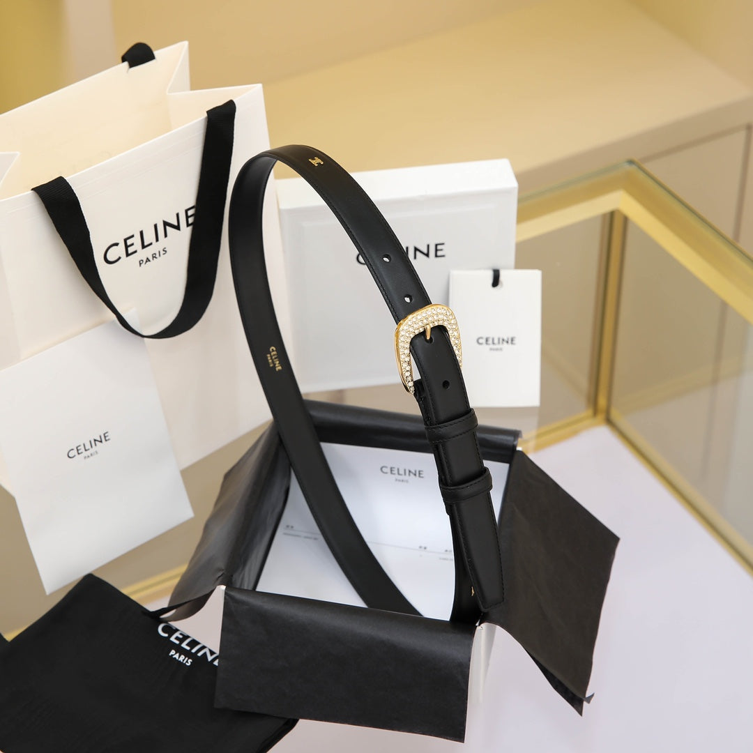 CELINE CL MEDIUM 25 MM MARCO BELT WITH STRASS IN BLACK CALFSKIN GOLD HARDWARE