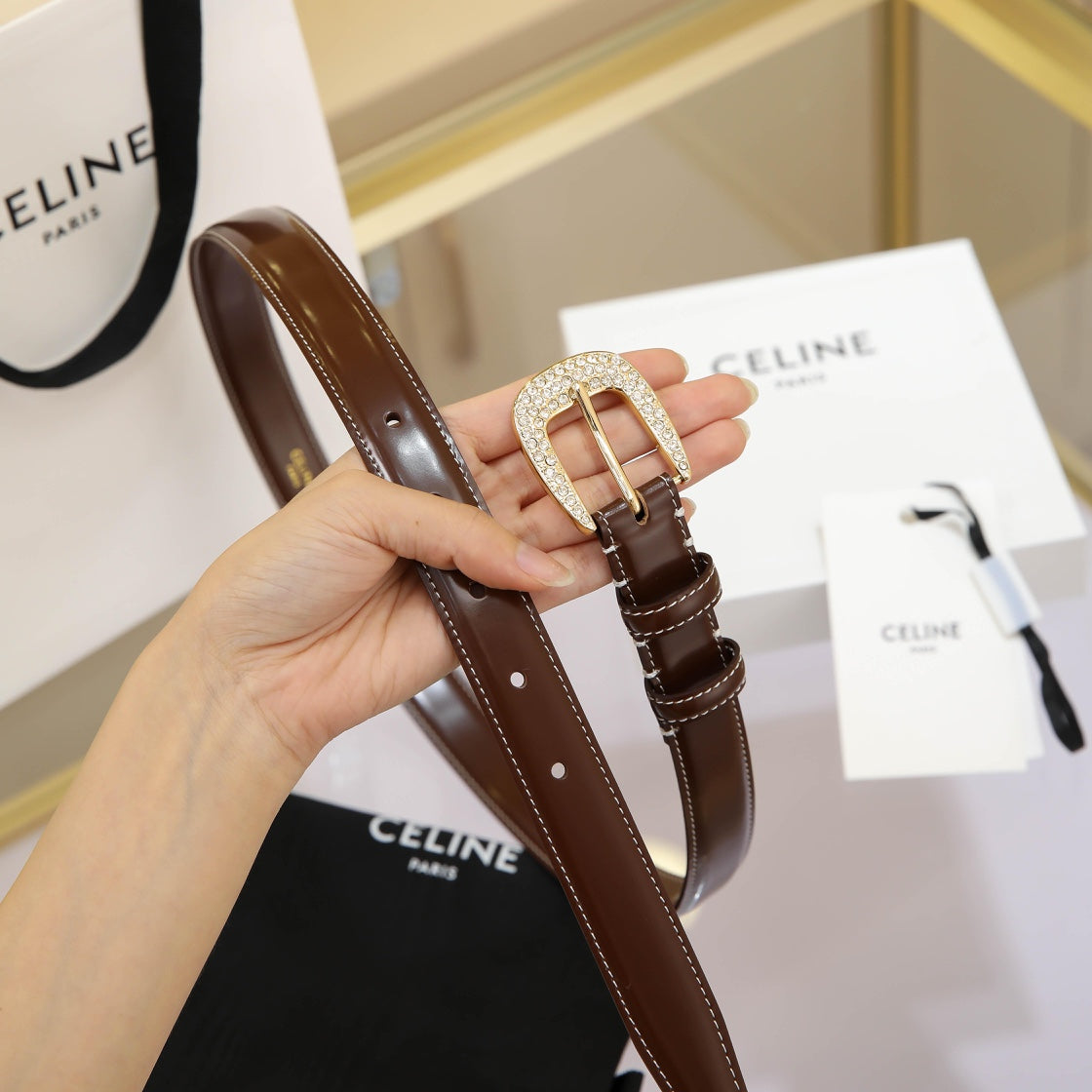 CELINE CL MEDIUM 25 MM MARCO BELT WITH STRASS IN CHOCOLATE BROWN CALFSKIN GOLD HARDWARE