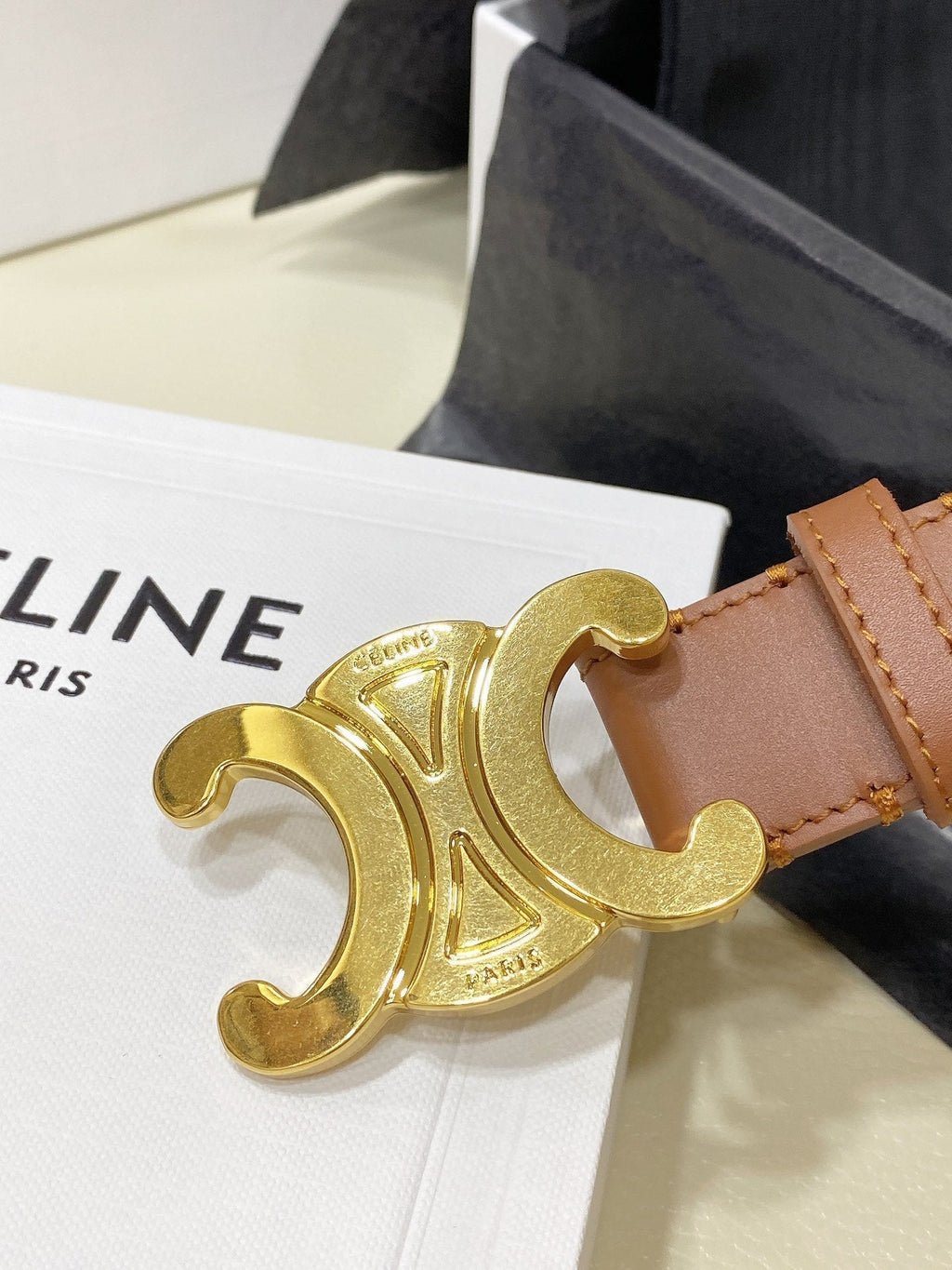 CELINE CL LARGE 30 MM TRIOMPHE BELT IN BRONZE BROWN GOLD HARDWARE