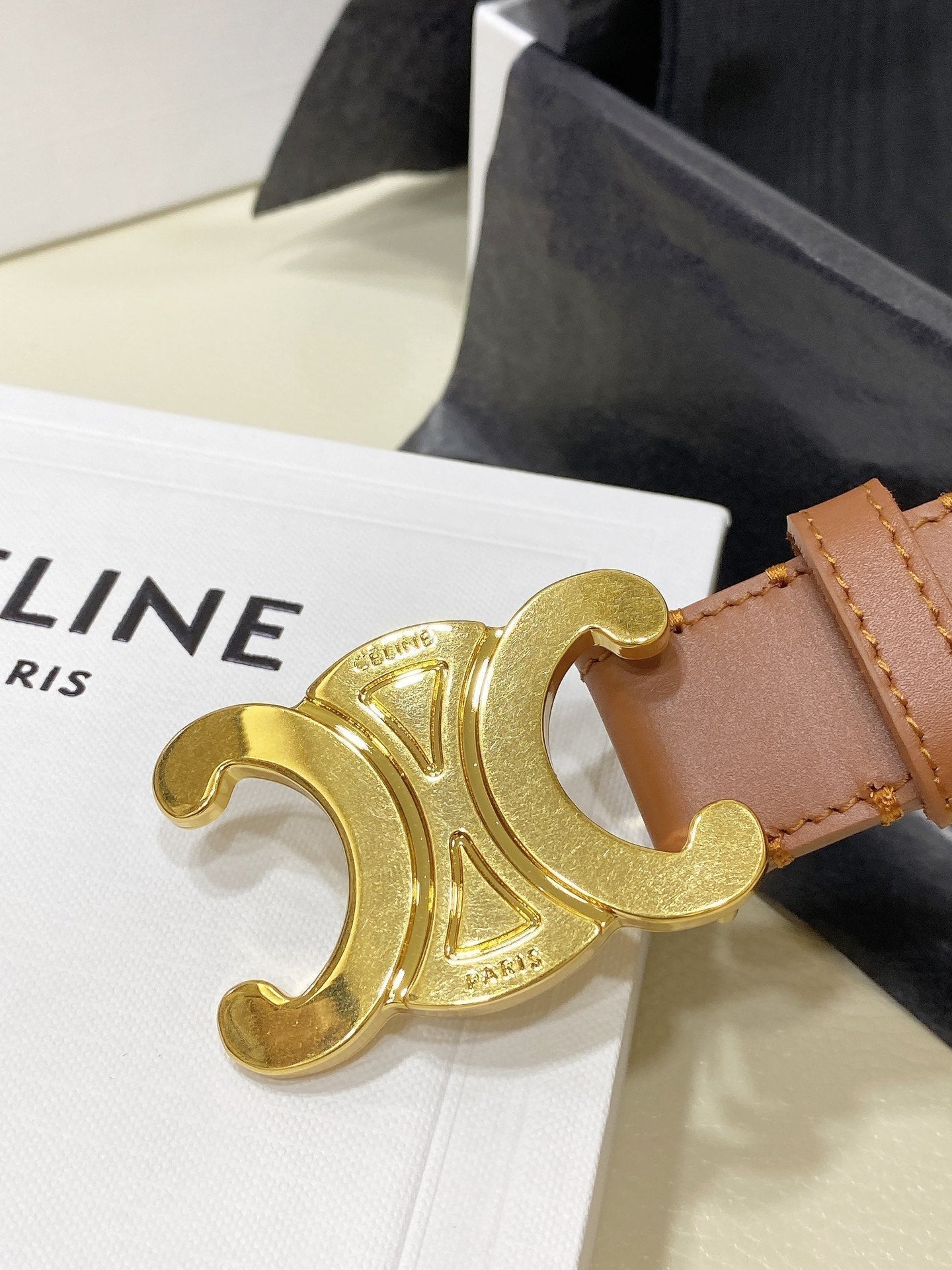 CELINE CL LARGE 30 MM TRIOMPHE BELT IN BRONZE BROWN GOLD HARDWARE