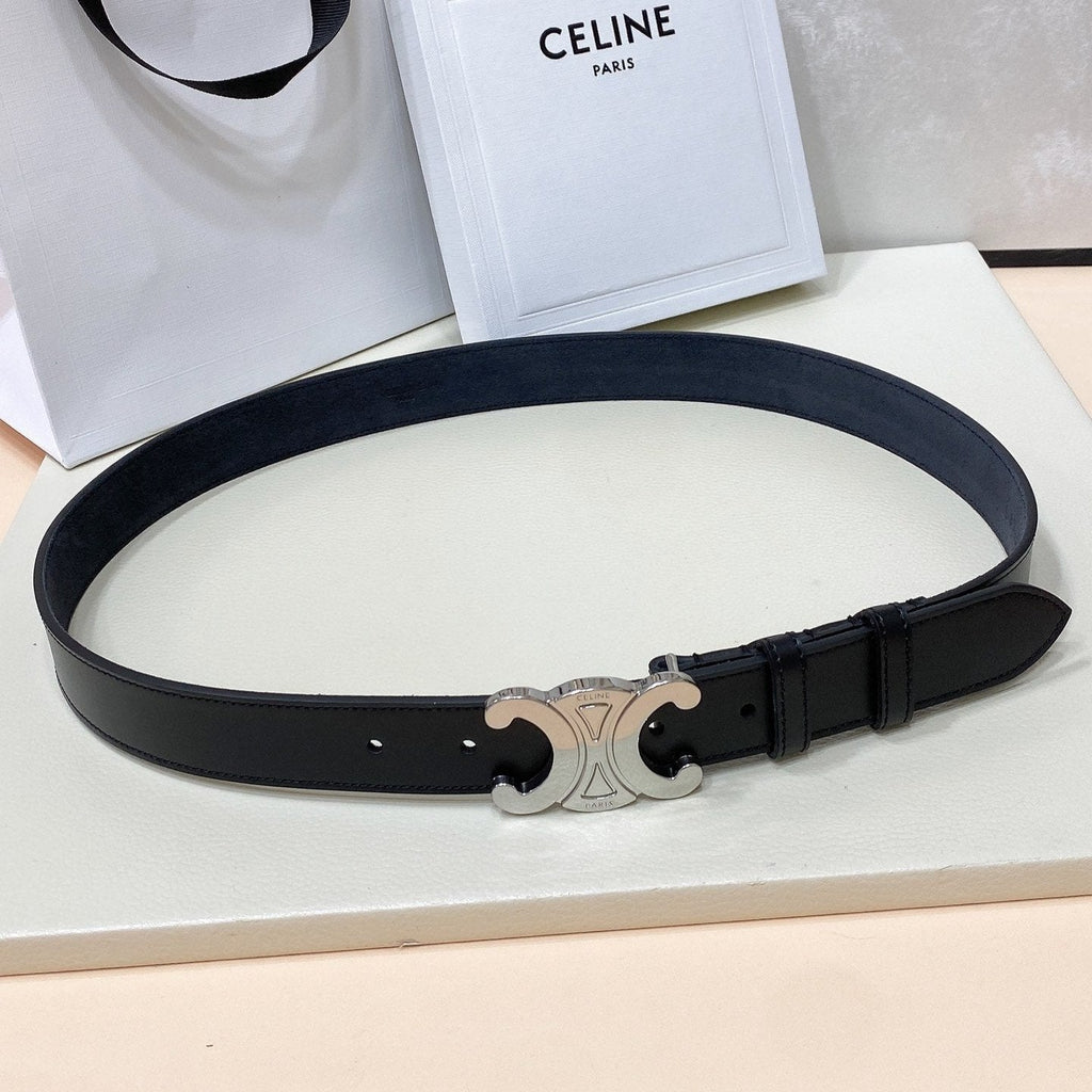 CELINE CL LARGE 30 MM TRIOMPHE BELT IN BLACK AND SILVER HARDWARE