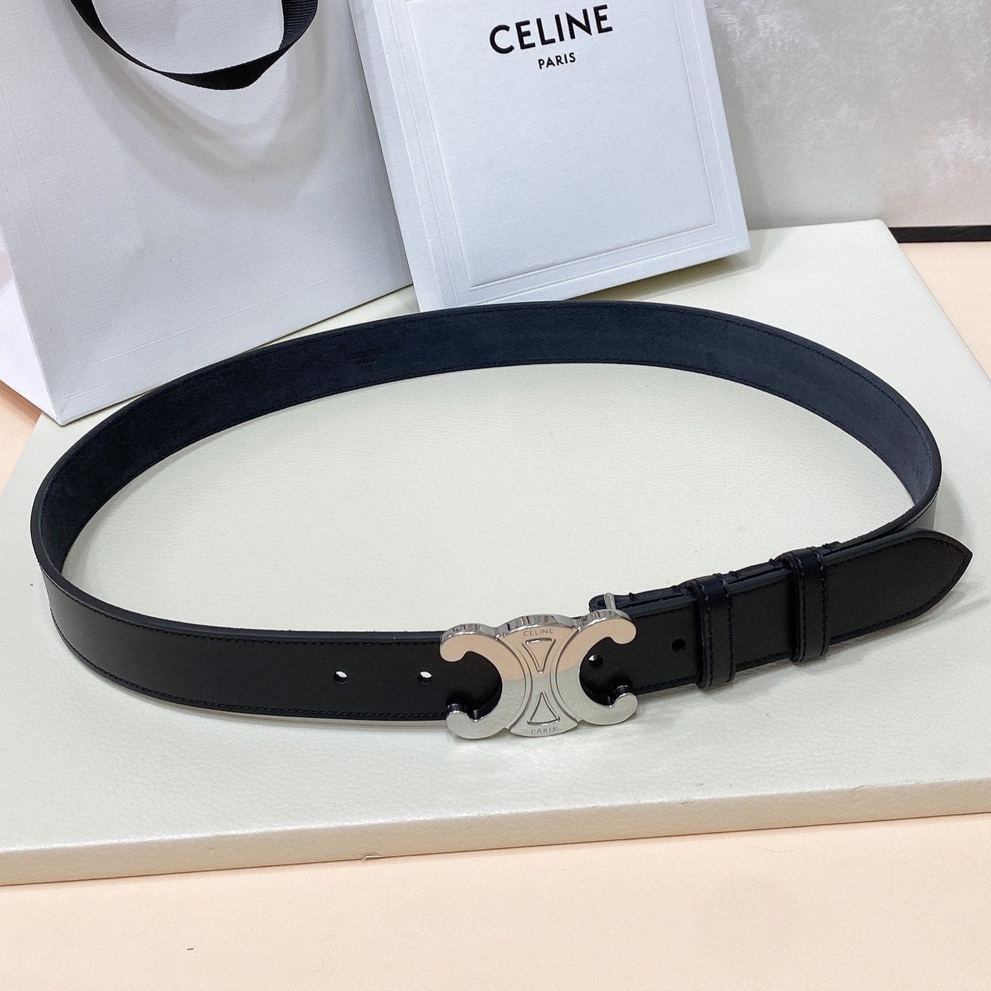 CELINE CL LARGE 30 MM TRIOMPHE BELT IN BLACK AND SILVER HARDWARE