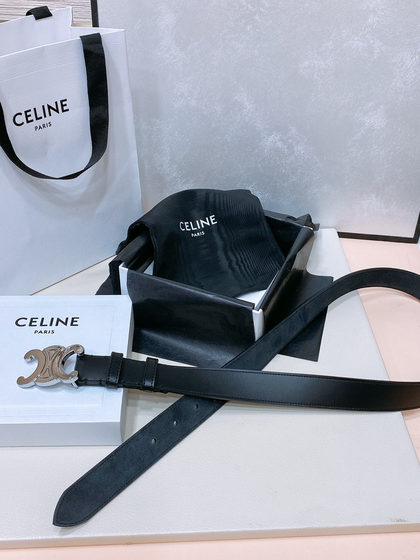 CELINE CL LARGE 30 MM TRIOMPHE BELT IN BLACK AND SILVER HARDWARE