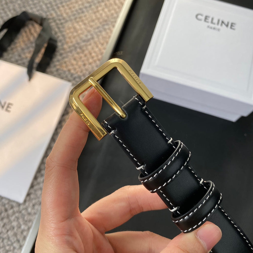 CELINE BELT 25MM IN BLACK REVERSIBLE ITALIAN CALFSKIN WITH VINTAGE GOLD BUCKLE WHITE STITCHING