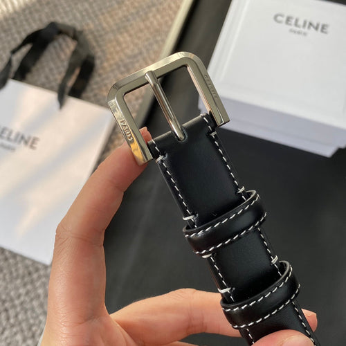 CELINE BELT 25MM IN BLACK REVERSIBLE ITALIAN CALFSKIN WITH VINTAGE SILVER BUCKLE WHITE STITCHING