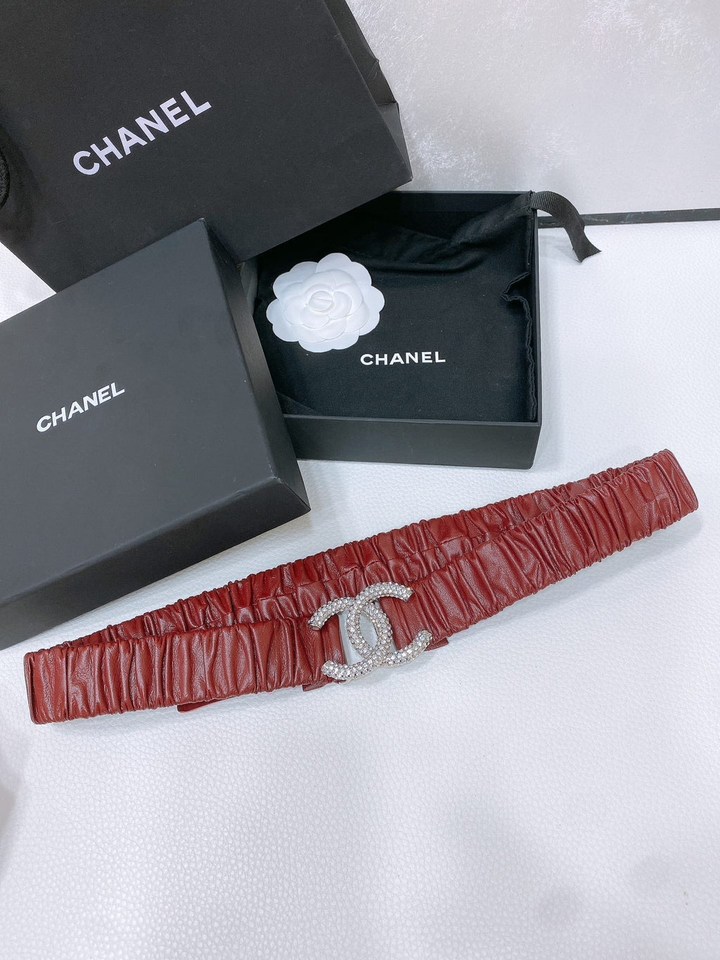 CHANEL ELASTIC BELT 30MM IN WINE RED CALFSKIN SILVER HARDWARE WITH RHINSTONES