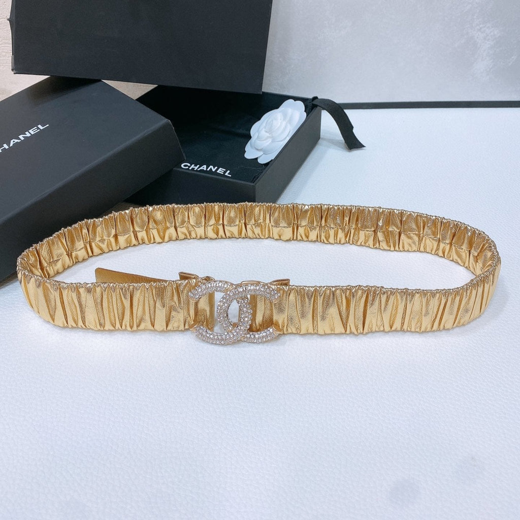 CHANEL ELASTIC BELT 30MM IN GOLD CALFSKIN GOLD HARDWARE WITH RHINSTONES