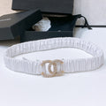 CHANEL ELASTIC BELT 30MM IN WHITE CALFSKIN GOLD HARDWARE WITH RHINSTONES