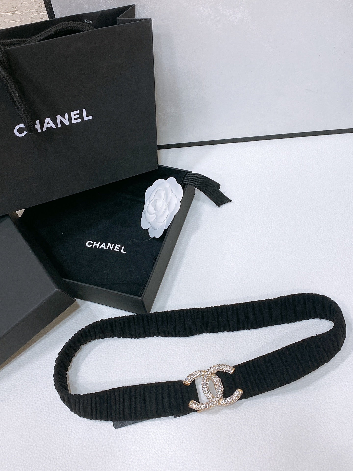 CHANEL ELASTIC BELT 30MM IN BLACK WOOL FABRIC GOLD HARDWARE WITH RHINSTONES
