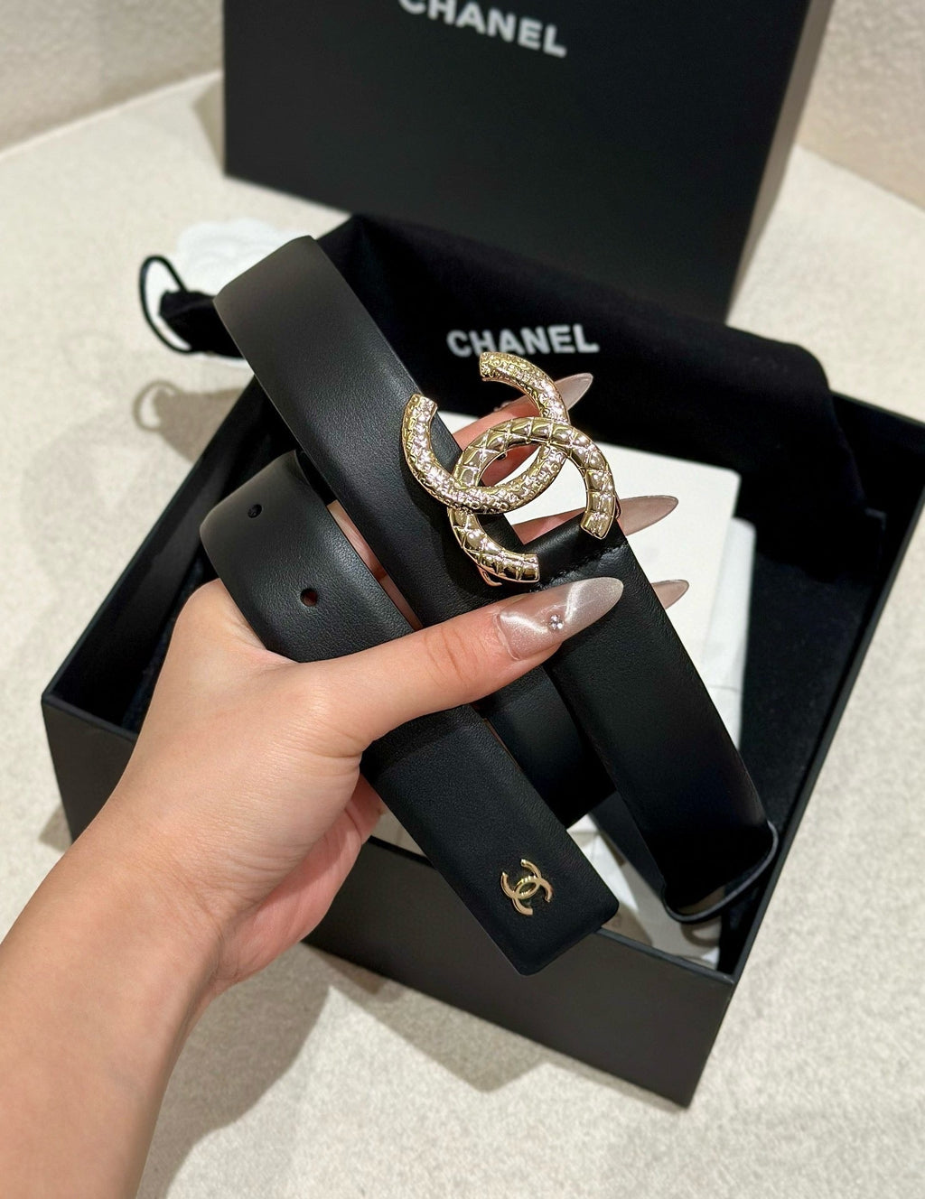 CHANEL DOUBLE C BELT 30MM IN BLACK CALFSKIN WITH GOLD HARDWARE AND CARO STITCHING
