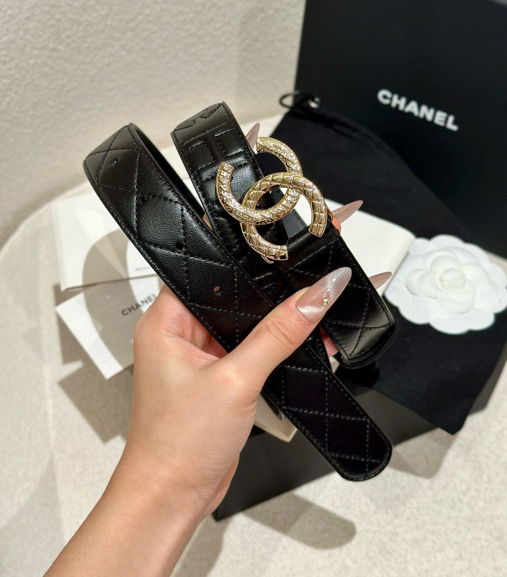 CHANEL DOUBLE C BELT 30MM IN BLACK CALFSKIN EMBOSSED LOGO GOLD BUCKLE