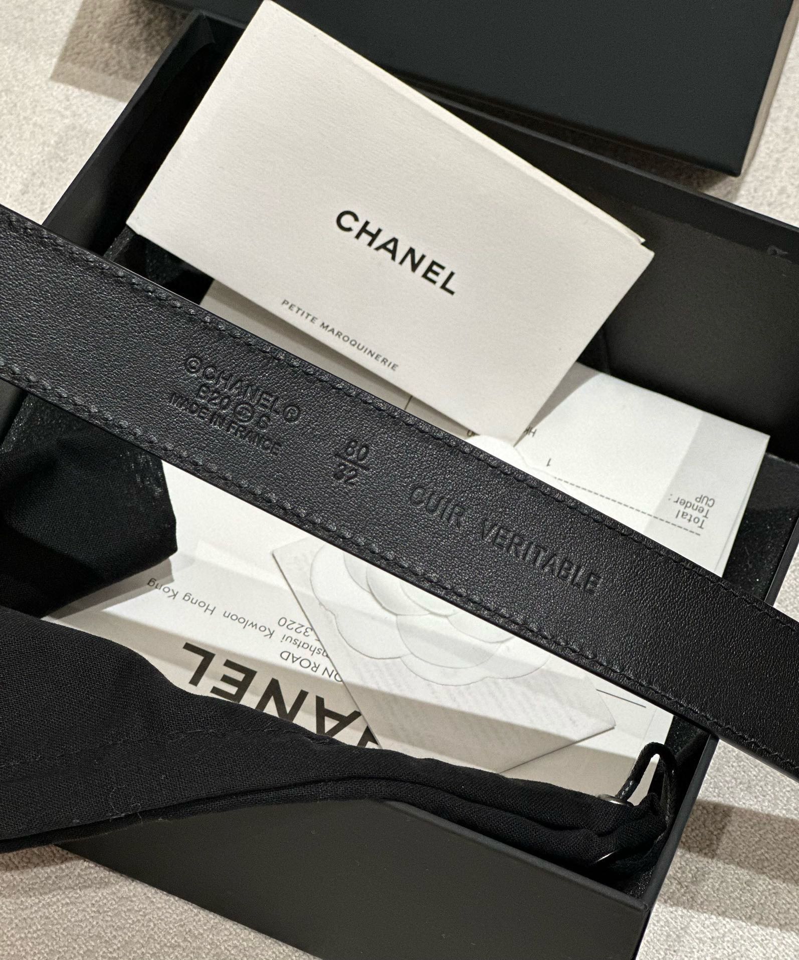 CHANEL DOUBLE C BELT 30MM IN BLACK CALFSKIN GOLD BUCKLE WITH EMBOSSED CHECK PATTERN