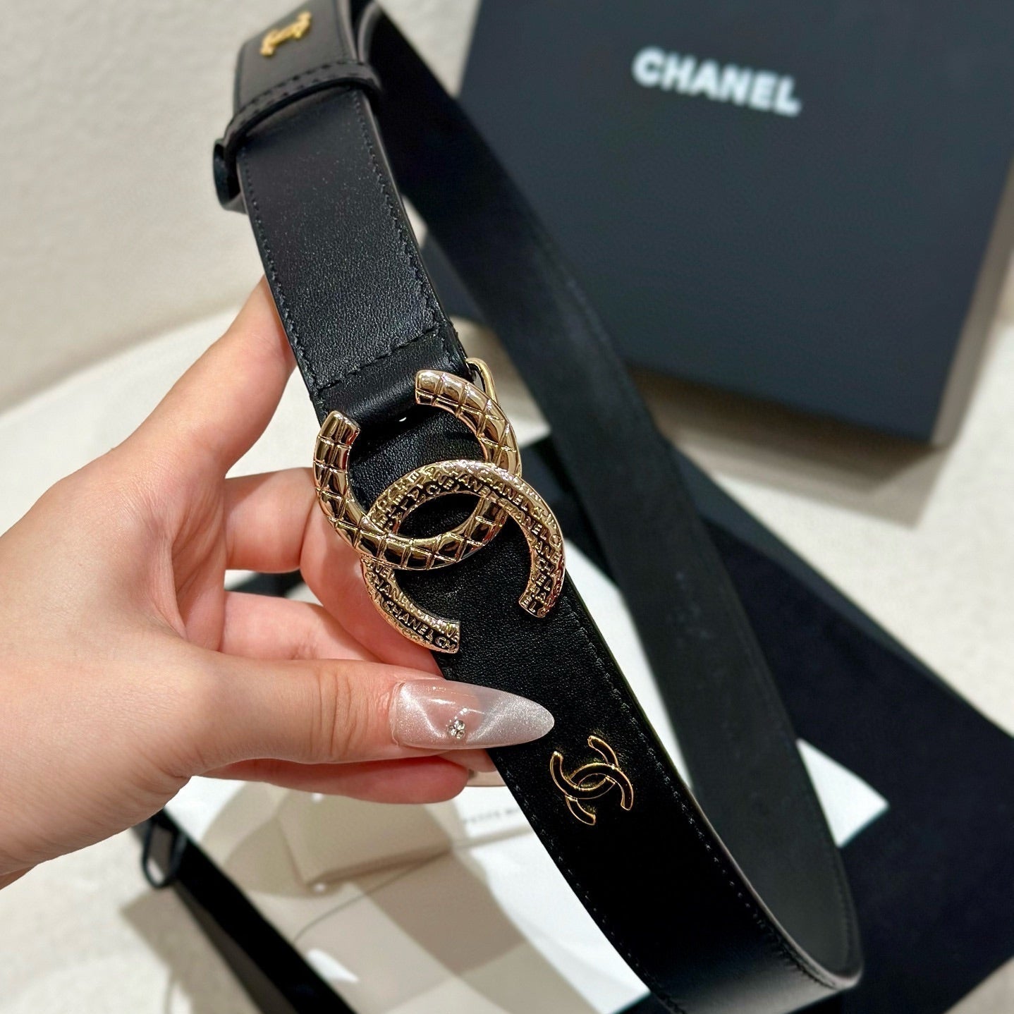 CHANEL DOUBLE C BELT 30MM IN BLACK CALFSKIN GOLD BUCKLE WITH EMBOSSED CHECK PATTERN