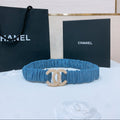 CHANEL DOUBLE C ELASTIC BELT 30MM IN BLUE DENIM GOLD BUCKLE EMBOSSED CRYSTAL