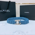 CHANEL DOUBLE C ELASTIC BELT 30MM IN BLUE DENIM GOLD CRYSTAL STAR EMBELLISHED BUCKLE